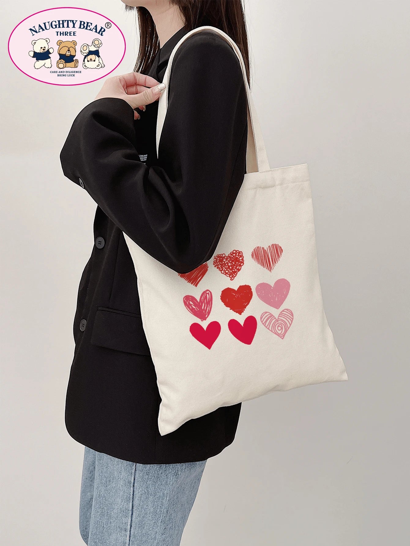 Heart Graphic Canvas Shopper Bag School Bag For Graduate, Teen Girls, Freshman, Sophomore, Junior & Senior In College, University & High School, Perfect For Outdoors,Travel & Back To School Valentine