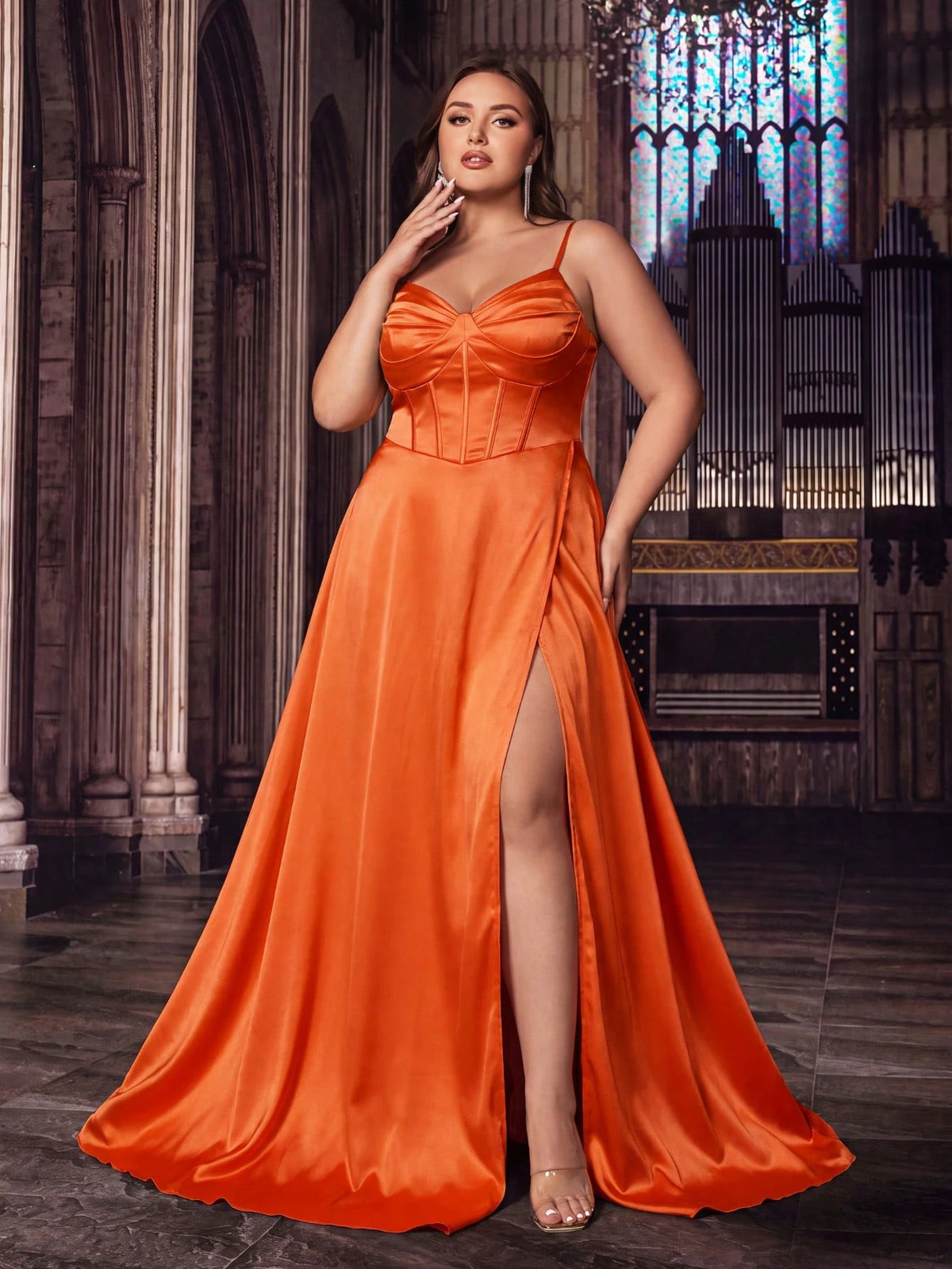 Heart-Shaped Strapless Satin Evening Gown, High Waist High Slit Full Skirt With Train, Luxury Vintage Style Fall