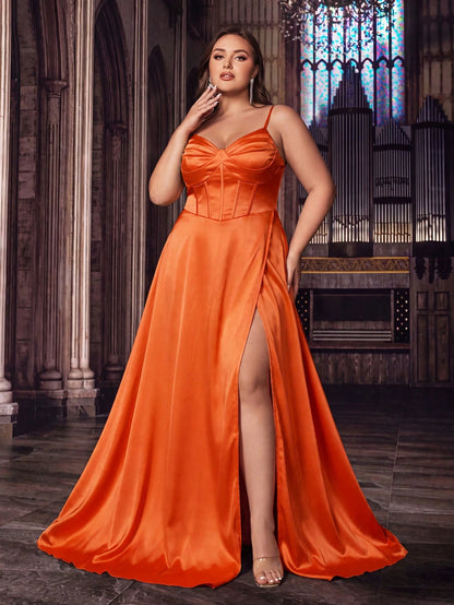 Heart-Shaped Strapless Satin Evening Gown, High Waist High Slit Full Skirt With Train, Luxury Vintage Style Fall