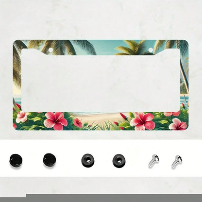 Hibiscus Flower Wave Pattern Aluminum License Plate Frame, Hawaiian Palm Tree Car License Plate Holder- US Standard Size, Decorative License Plate Bracket With Two Mounting Holes, A Perfect Gift For