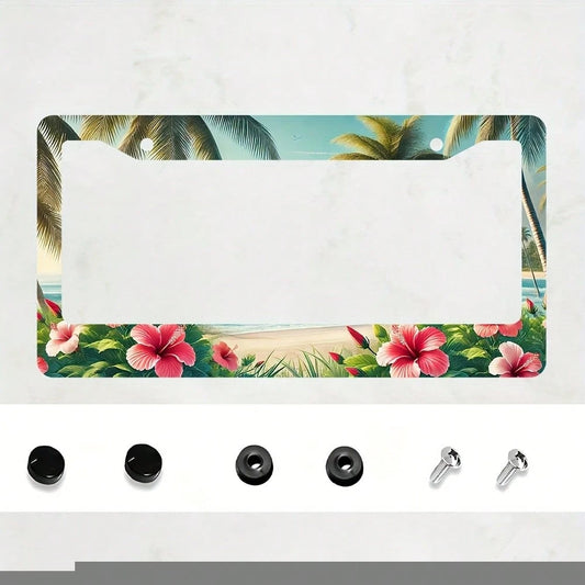 Hibiscus Flower Wave Pattern Aluminum License Plate Frame, Hawaiian Palm Tree Car License Plate Holder- US Standard Size, Decorative License Plate Bracket With Two Mounting Holes, A Perfect Gift For