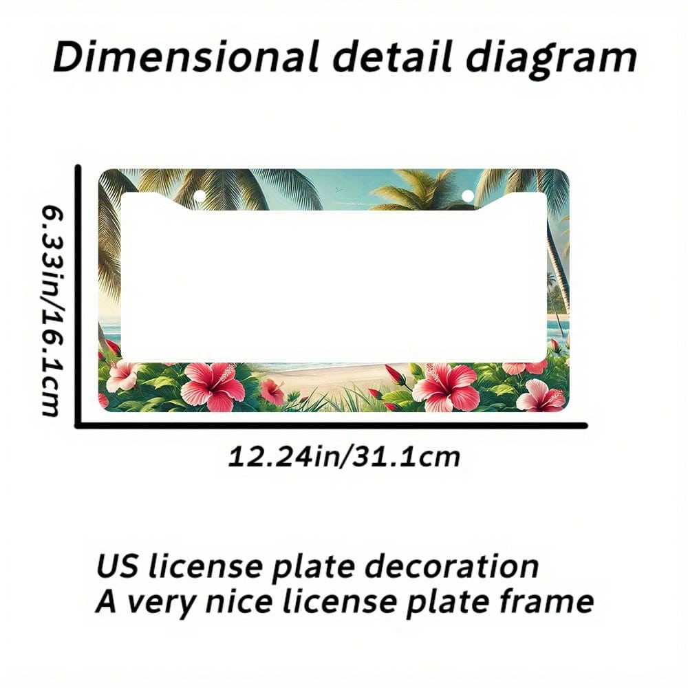 Hibiscus Flower Wave Pattern Aluminum License Plate Frame, Hawaiian Palm Tree Car License Plate Holder- US Standard Size, Decorative License Plate Bracket With Two Mounting Holes, A Perfect Gift For