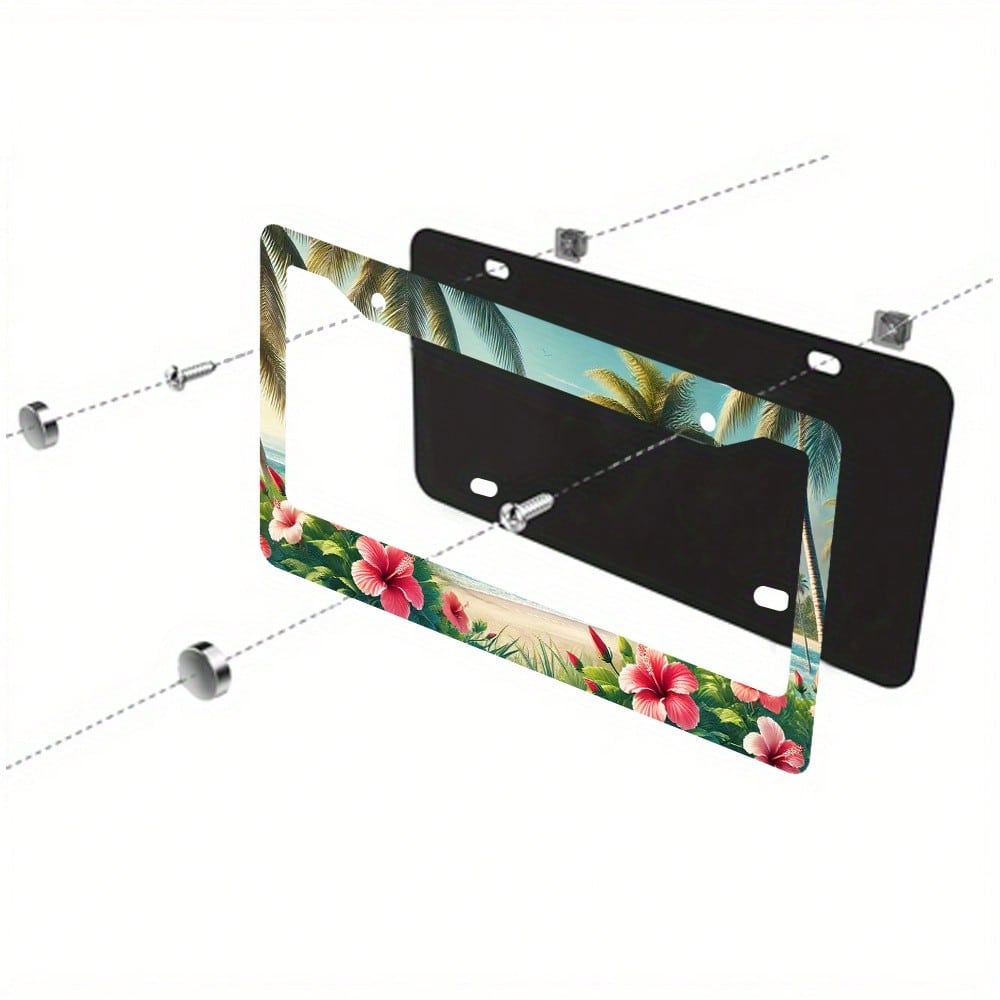 Hibiscus Flower Wave Pattern Aluminum License Plate Frame, Hawaiian Palm Tree Car License Plate Holder- US Standard Size, Decorative License Plate Bracket With Two Mounting Holes, A Perfect Gift For
