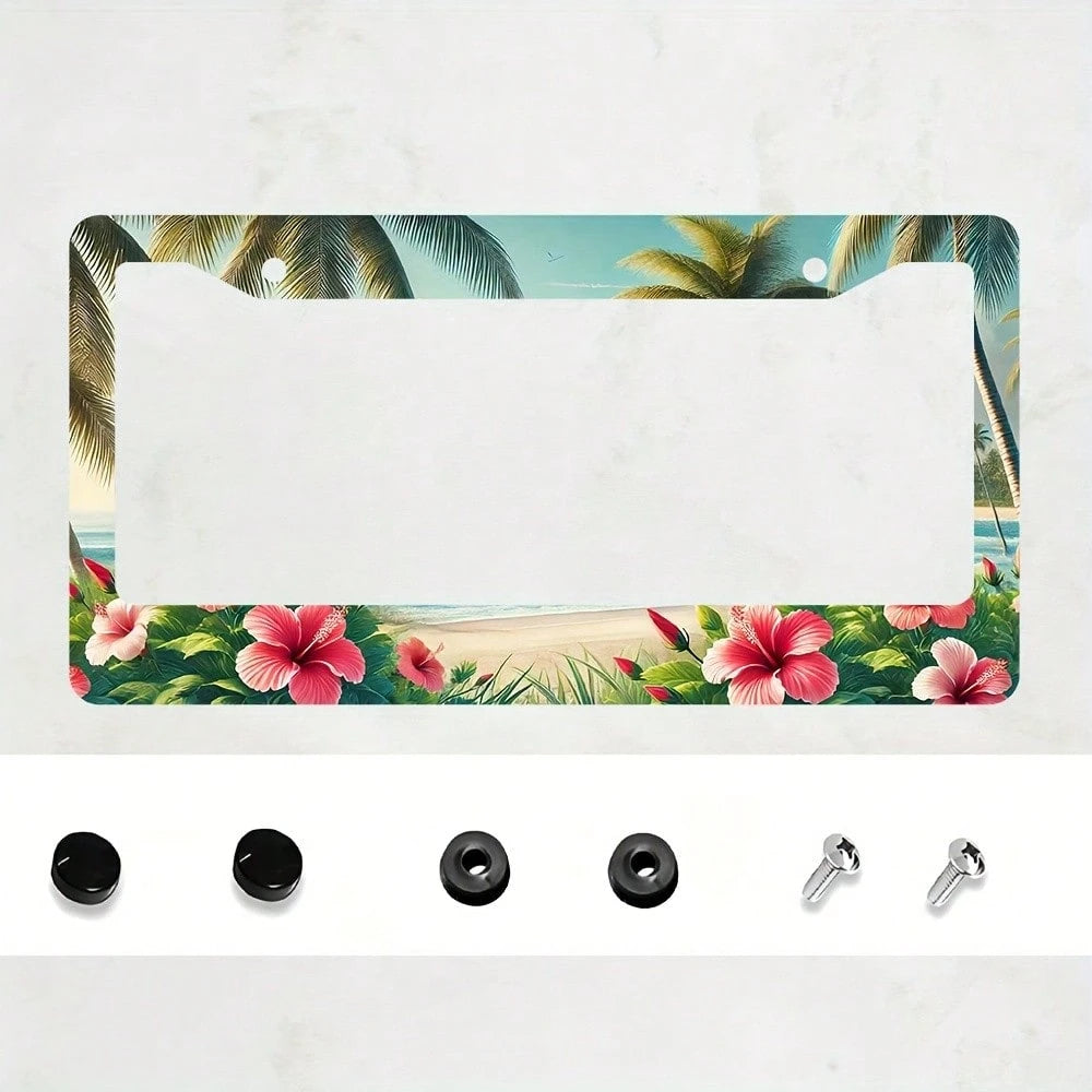Hibiscus Flower Wave Pattern Aluminum License Plate Frame, Hawaiian Palm Tree Car License Plate Holder- US Standard Size, Decorative License Plate Bracket With Two Mounting Holes, A Perfect Gift For