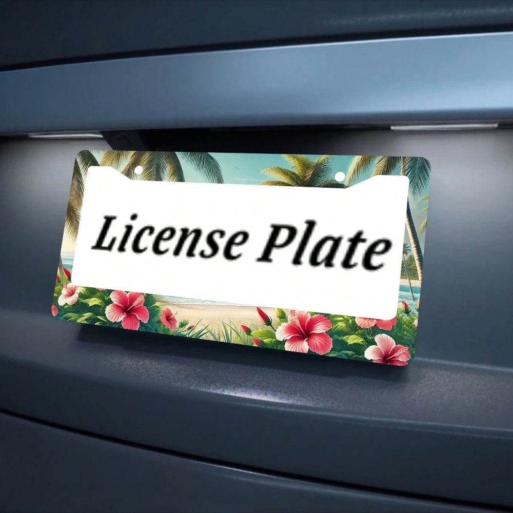 Hibiscus Flower Wave Pattern Aluminum License Plate Frame, Hawaiian Palm Tree Car License Plate Holder- US Standard Size, Decorative License Plate Bracket With Two Mounting Holes, A Perfect Gift For