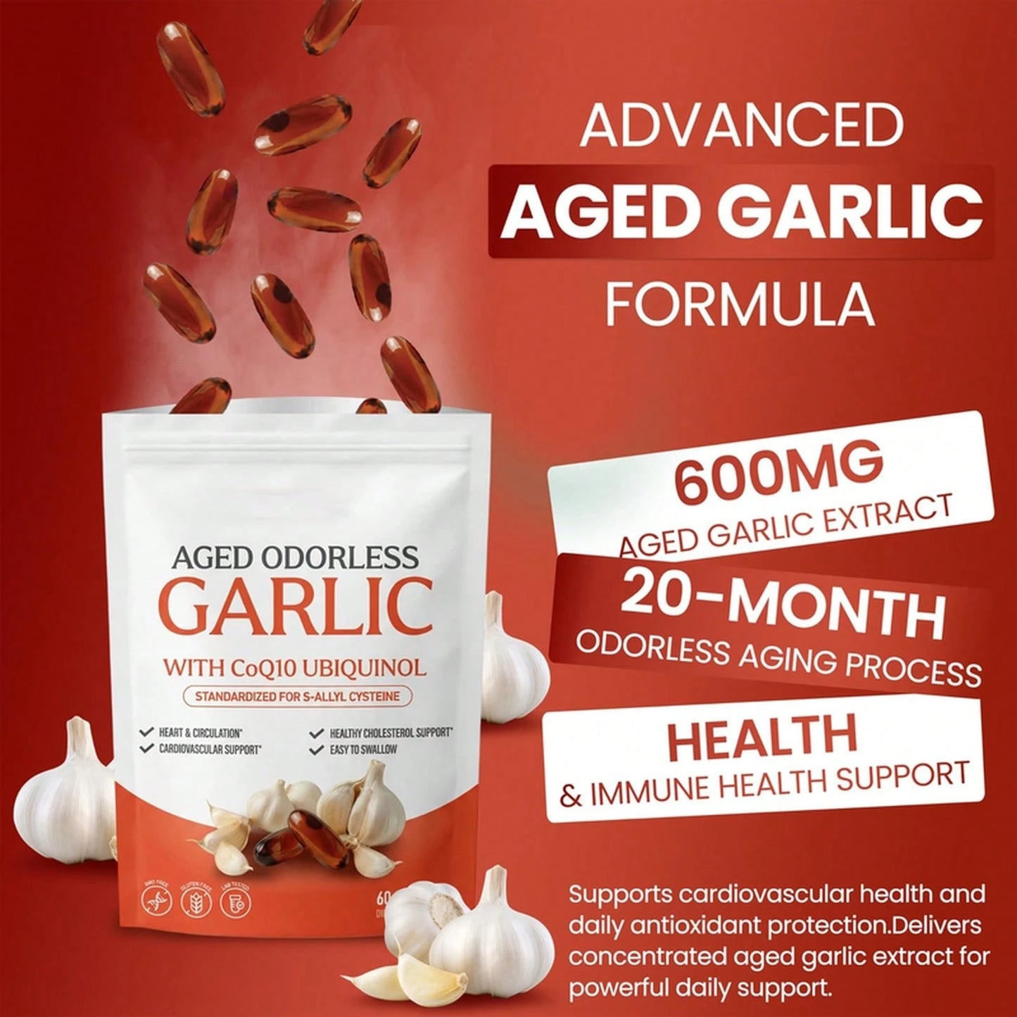 High Demand!Garlic Extract 600mg Softgels (60 Count)- Odorless Aged Garlic Extra....Women Daily Nutrient Support!