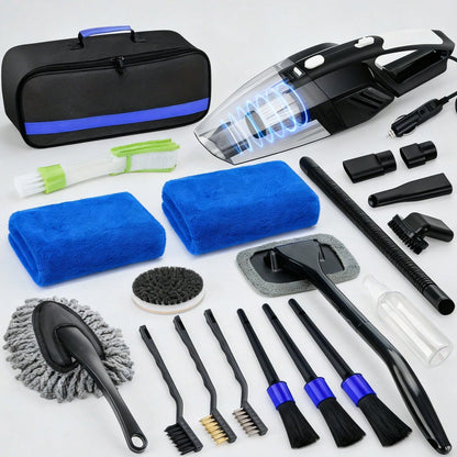 High-Quality Durable 19-Piece Car Cleaning Set, Including A High-Power Handheld Vacuum, Brushes, Cloths, And Dusters.