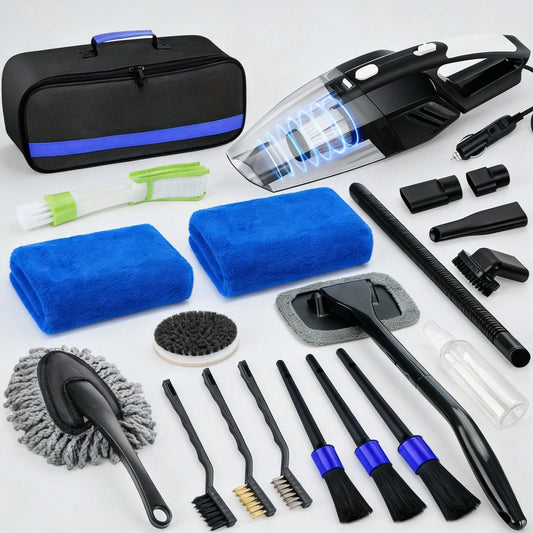 High-Quality Durable 19-Piece Car Cleaning Set, Including A High-Power Handheld Vacuum, Brushes, Cloths, And Dusters.