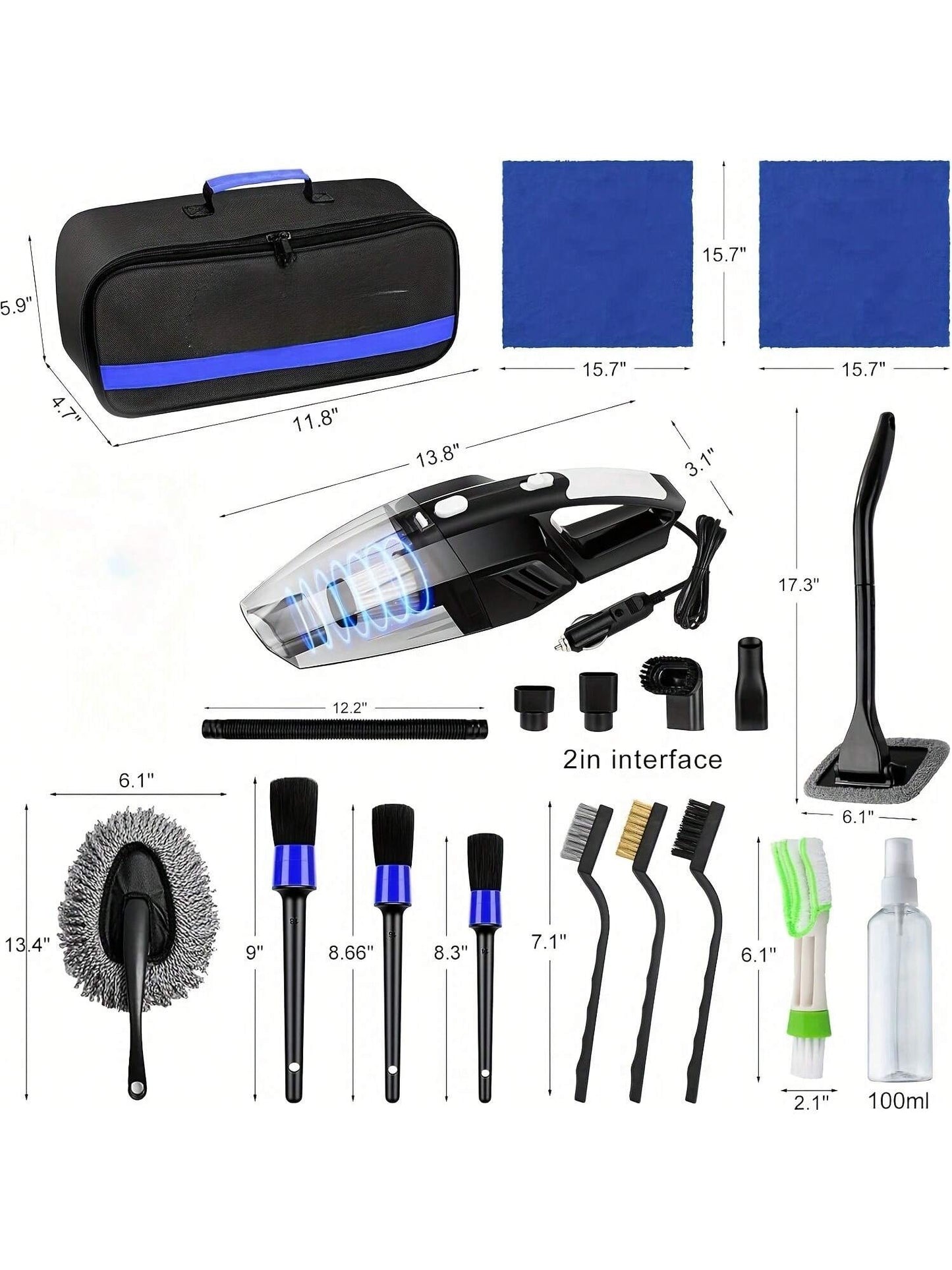 High-Quality Durable 19-Piece Car Cleaning Set, Including A High-Power Handheld Vacuum, Brushes, Cloths, And Dusters.