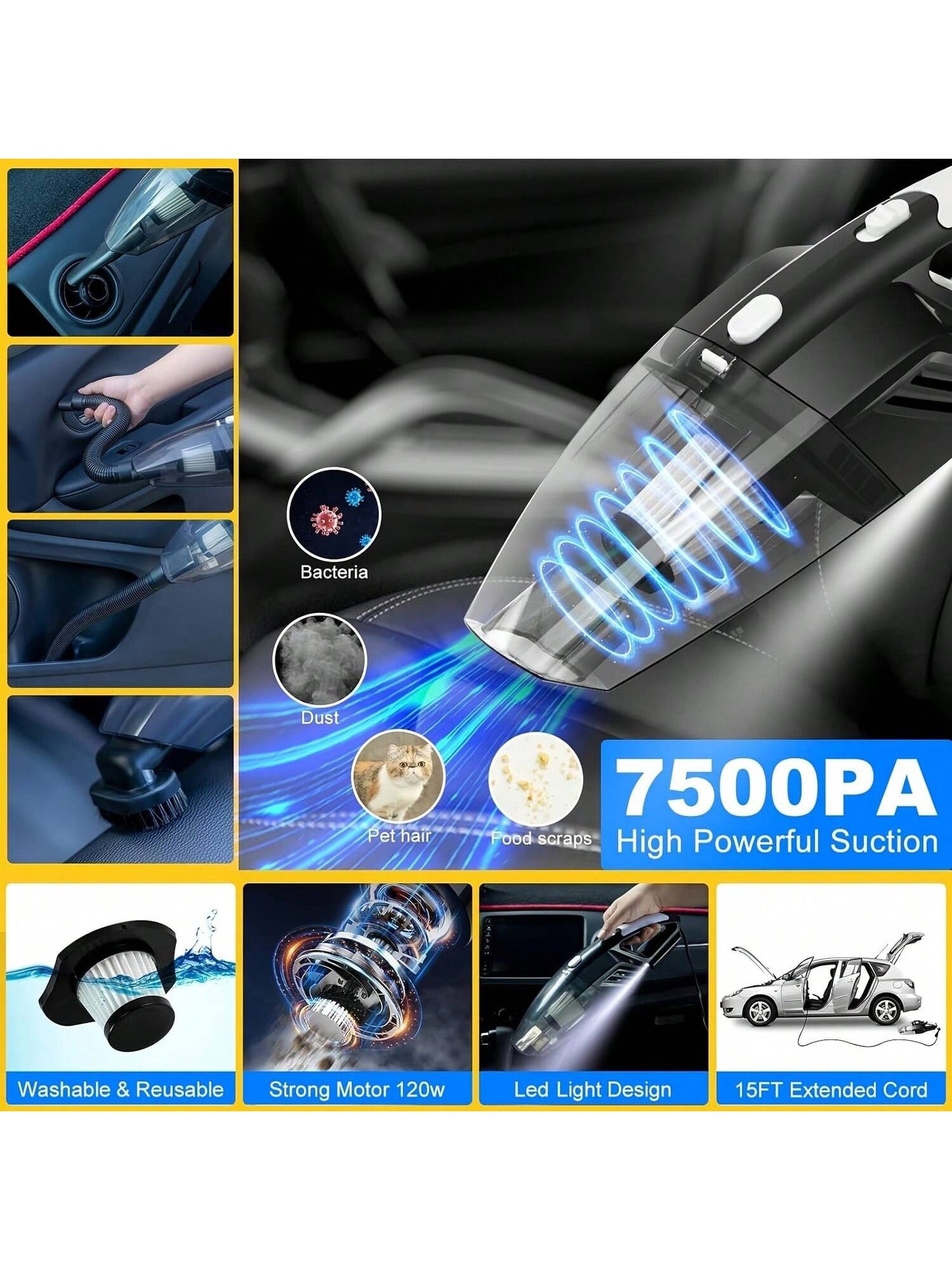 High-Quality Durable 19-Piece Car Cleaning Set, Including A High-Power Handheld Vacuum, Brushes, Cloths, And Dusters.
