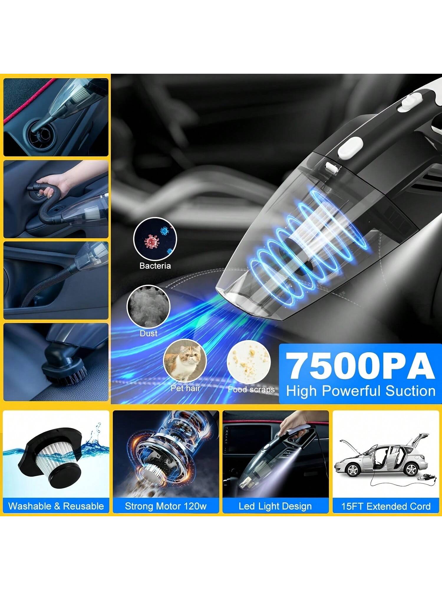 High-Quality Durable 19-Piece Car Cleaning Set, Including A High-Power Handheld Vacuum, Brushes, Cloths, And Dusters.