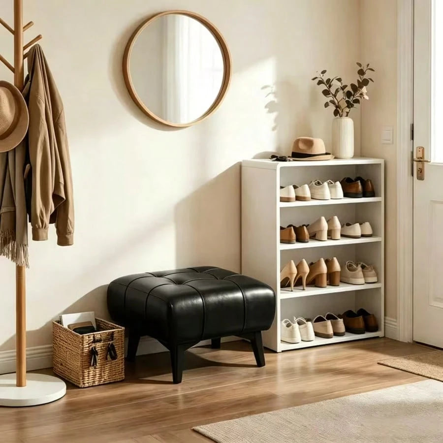 High-Quality Low Footstool, Leather Upholstered Metal Ottoman, Stylish Versatile Sofa End Stool, Entryway Shoe Bench, Hallway And Bedroom Furniture, Living Room Home Decor, Leather Sofa Stool.