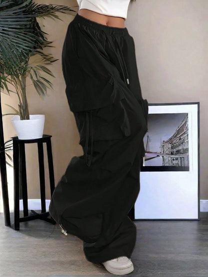 High Waist Flap Pocket Drawstring Waist Elastic Hem Pleated Casual Wide Leg Parachute Cargo Pants, Street Style Black Spring