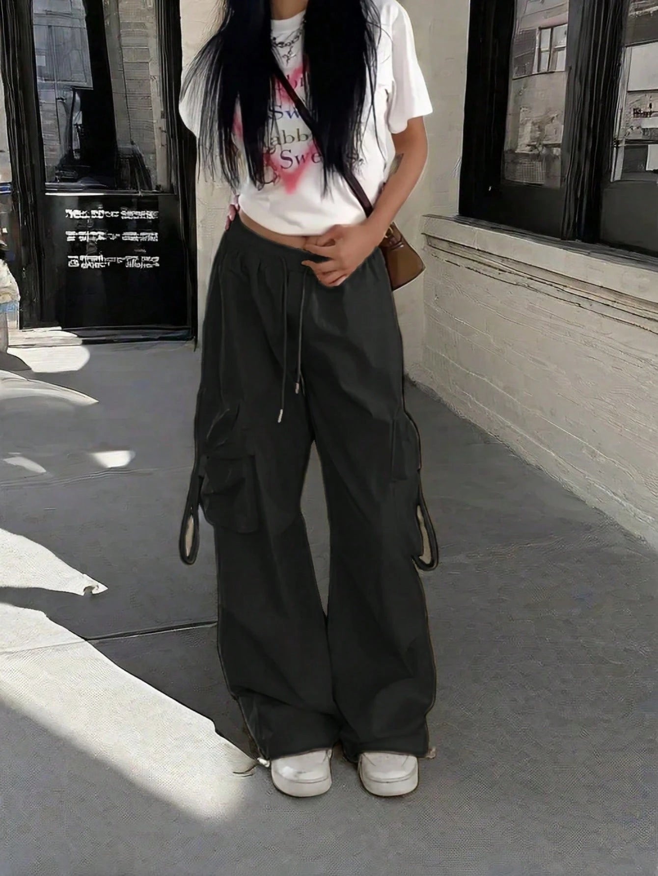 High Waist Flap Pocket Drawstring Waist Elastic Hem Pleated Casual Wide Leg Parachute Cargo Pants, Street Style Black Spring