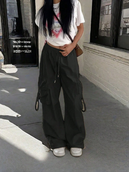 High Waist Flap Pocket Drawstring Waist Elastic Hem Pleated Casual Wide Leg Parachute Cargo Pants, Street Style Black Spring