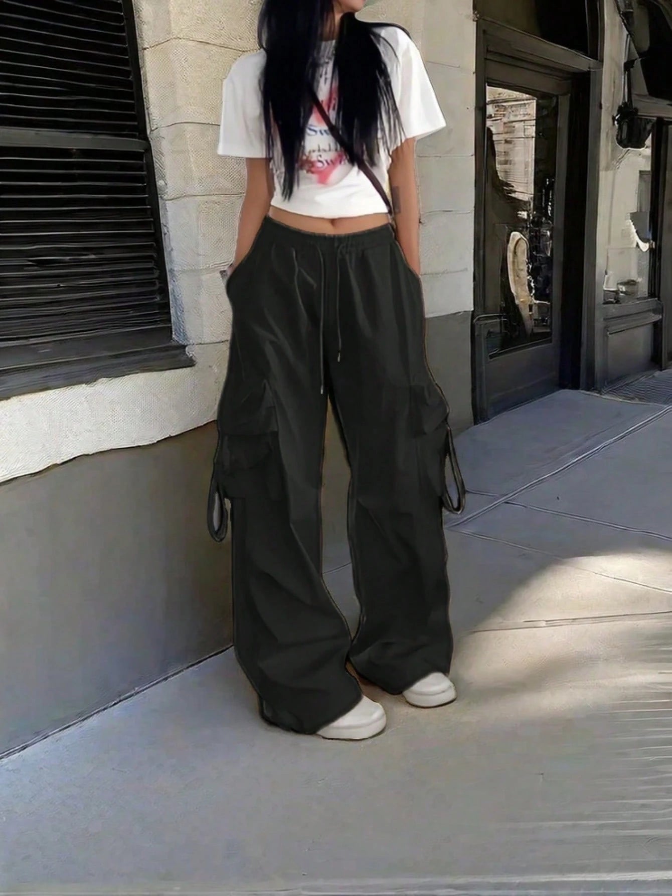 High Waist Flap Pocket Drawstring Waist Elastic Hem Pleated Casual Wide Leg Parachute Cargo Pants, Street Style Black Spring