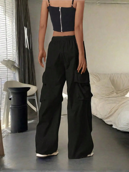 High Waist Flap Pocket Drawstring Waist Elastic Hem Pleated Casual Wide Leg Parachute Cargo Pants, Street Style Black Spring