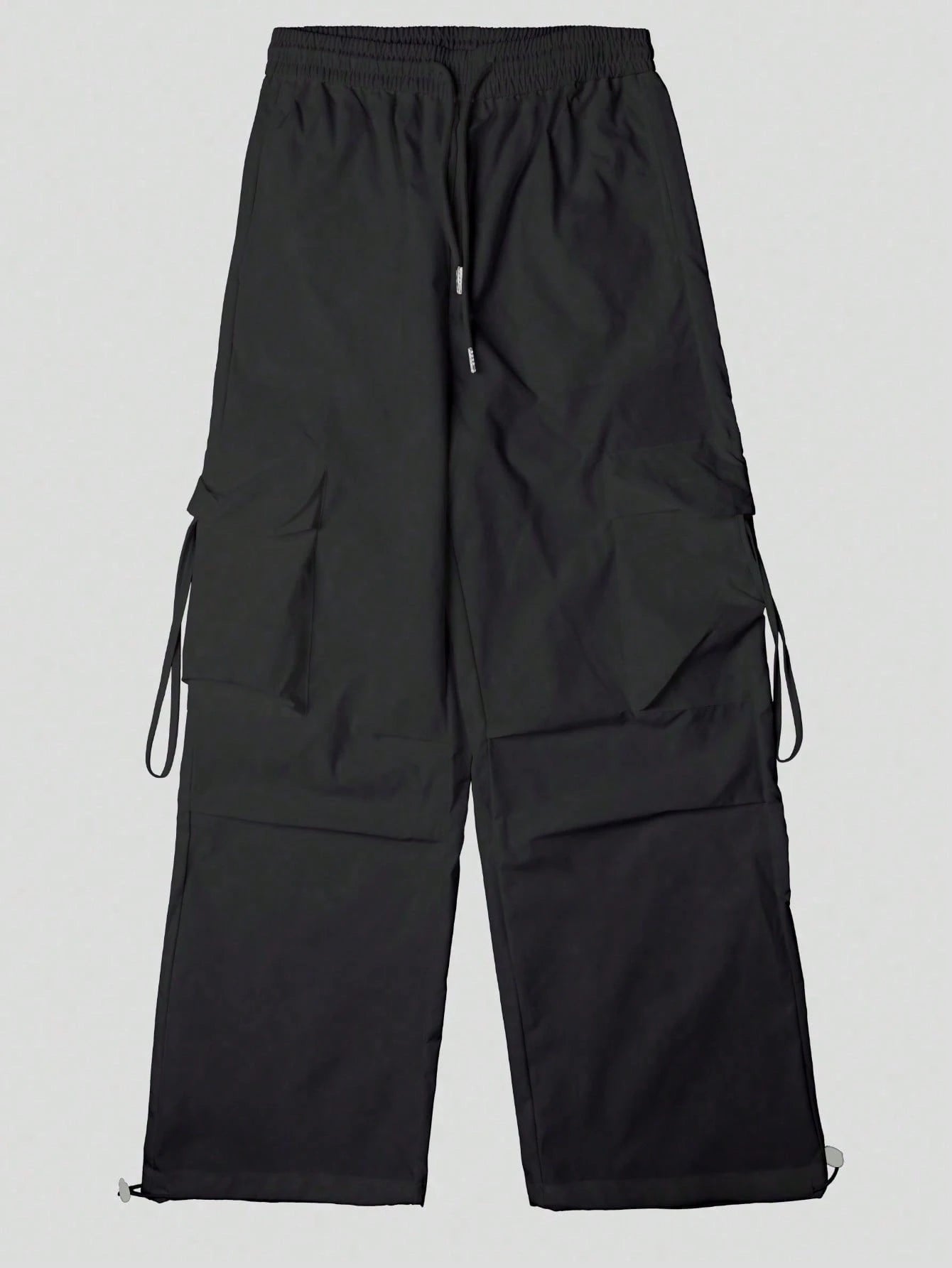 High Waist Flap Pocket Drawstring Waist Elastic Hem Pleated Casual Wide Leg Parachute Cargo Pants, Street Style Black Spring