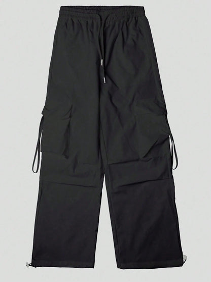 High Waist Flap Pocket Drawstring Waist Elastic Hem Pleated Casual Wide Leg Parachute Cargo Pants, Street Style Black Spring