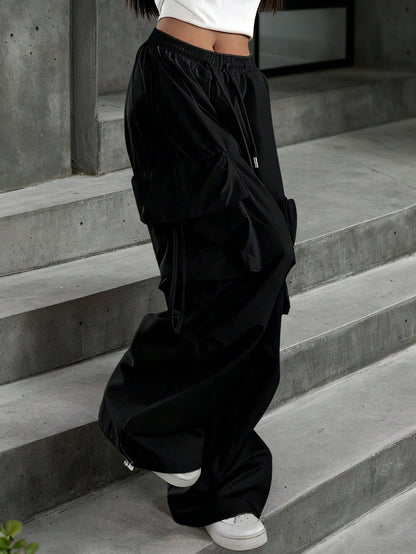 High Waist Flap Pocket Drawstring Waist Elastic Hem Pleated Casual Wide Leg Parachute Cargo Pants, Street Style Black Spring