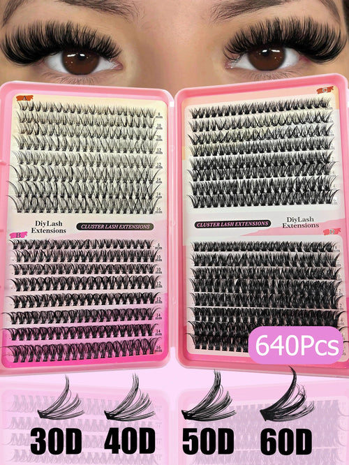 Hinarin 640pcs DIY D Curl Lash Book 30D 40D 50D 60D Super Curl Eyelash Extension Multi-Style Eye Makeup For Beginners 8-16mm Mixed Lengths Natural Cluster Fluffy Dense Mixed Styles Reusable