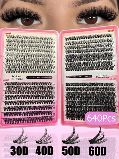 Hinarin 640pcs DIY D Curl Lash Book 30D 40D 50D 60D Super Curl Eyelash Extension Multi-Style Eye Makeup For Beginners 8-16mm Mixed Lengths Natural Cluster Fluffy Dense Mixed Styles Reusable