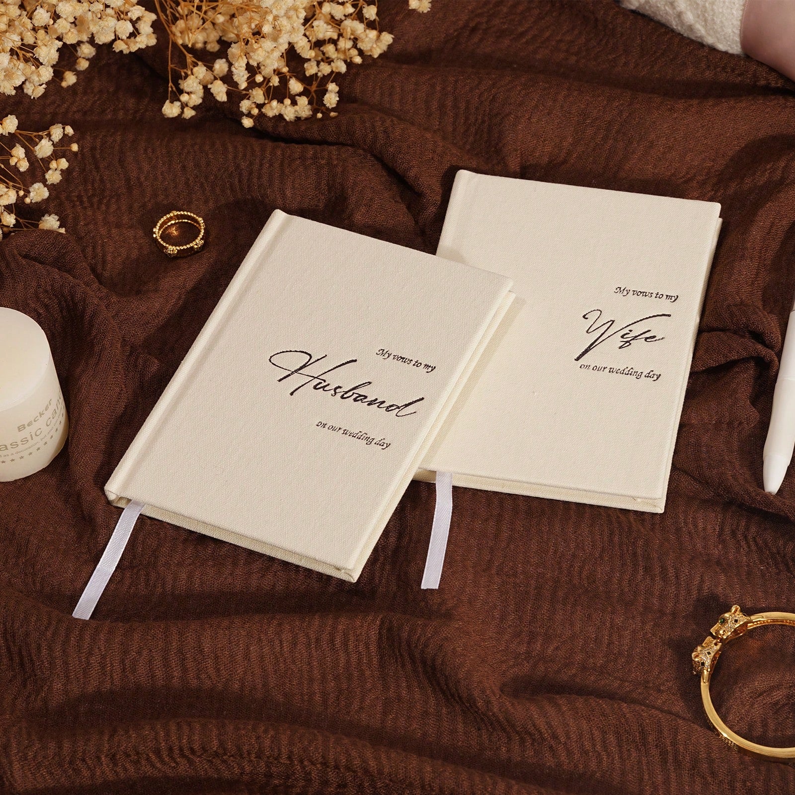 His And Hers Wedding Vow Books, Set Of 2 Linen Hardcover Bride & Groom Notebooks With Bookmark, Lined Pages, For Ceremony & Renewal, Includes Elegant Vow Keepsake Gift Box School Supplies