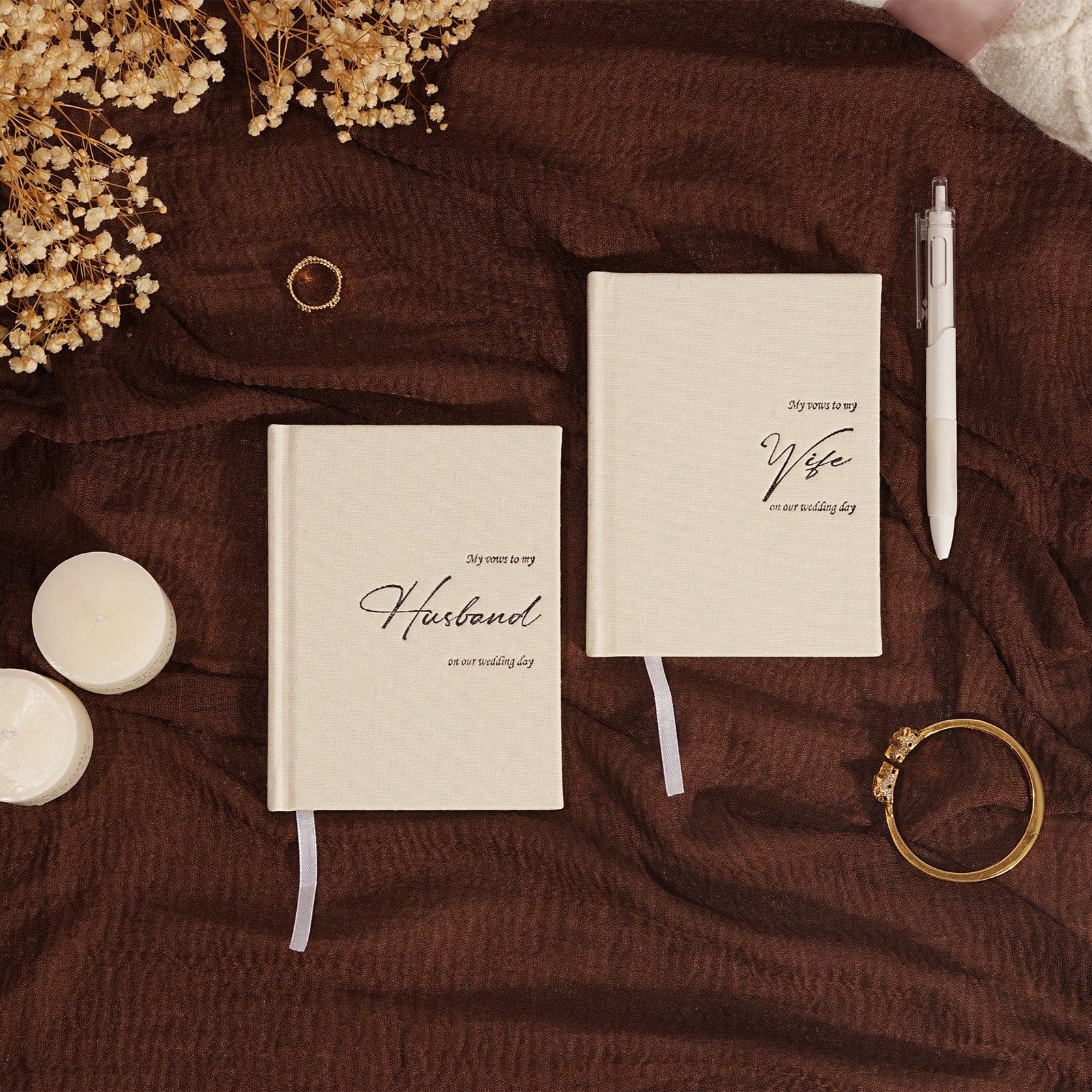 His And Hers Wedding Vow Books, Set Of 2 Linen Hardcover Bride & Groom Notebooks With Bookmark, Lined Pages, For Ceremony & Renewal, Includes Elegant Vow Keepsake Gift Box School Supplies