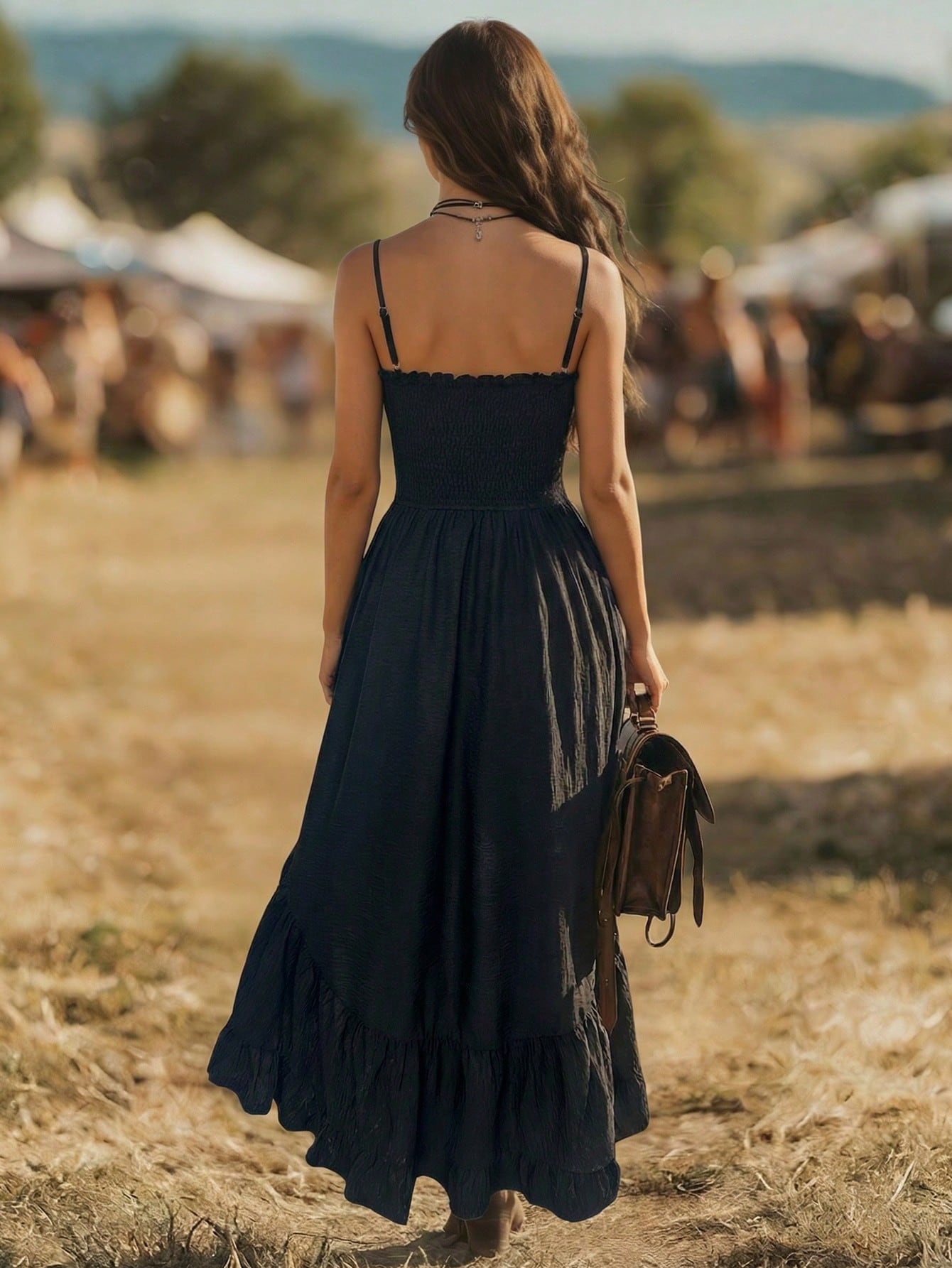 Holidaya Bohemian Style Casual Vacation Front Short Back Long Cinched Waist Women's Mid-Length Dress