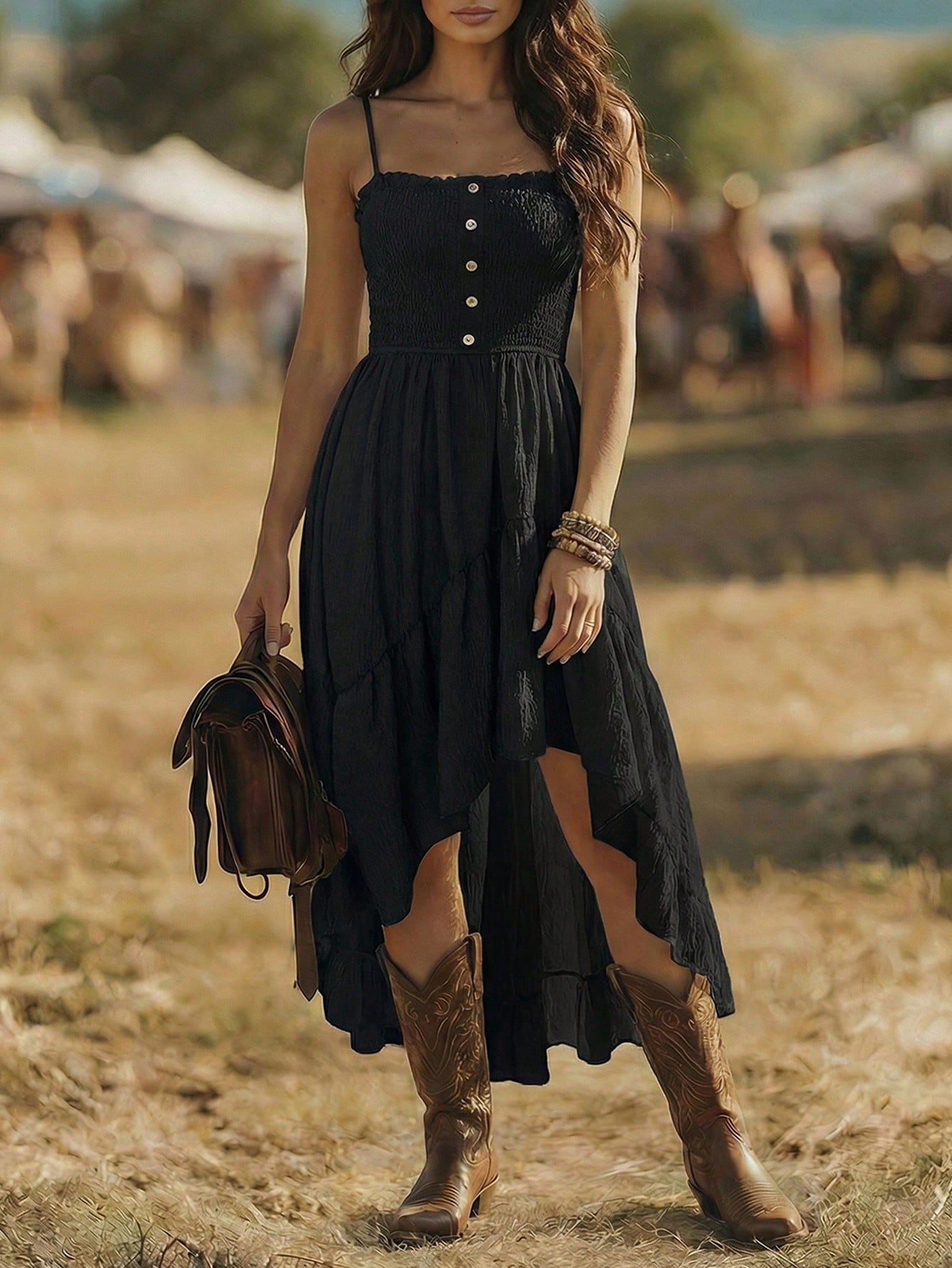 Holidaya Bohemian Style Casual Vacation Front Short Back Long Cinched Waist Women's Mid-Length Dress