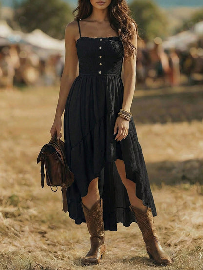 Holidaya Bohemian Style Casual Vacation Front Short Back Long Cinched Waist Women's Mid-Length Dress