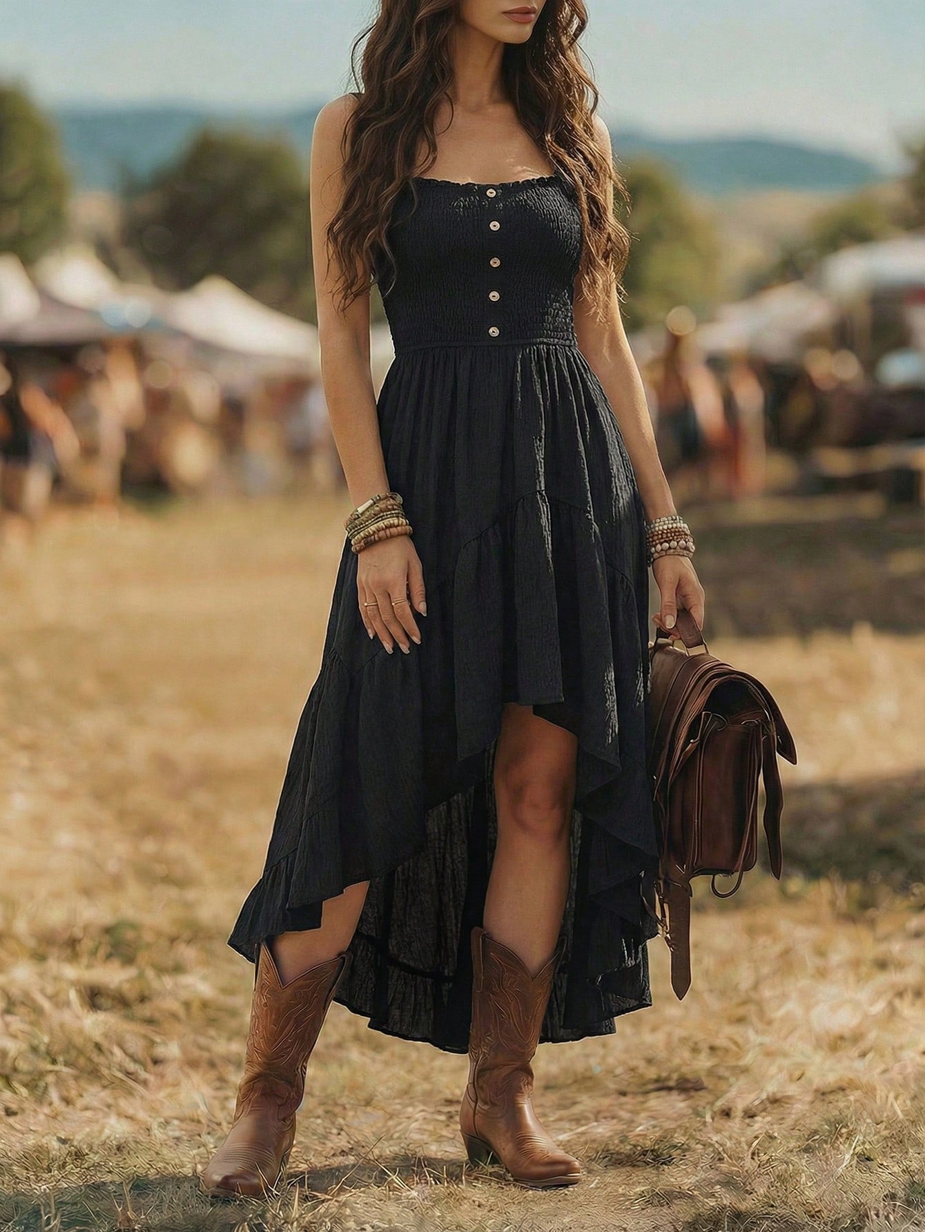 Holidaya Bohemian Style Casual Vacation Front Short Back Long Cinched Waist Women's Mid-Length Dress