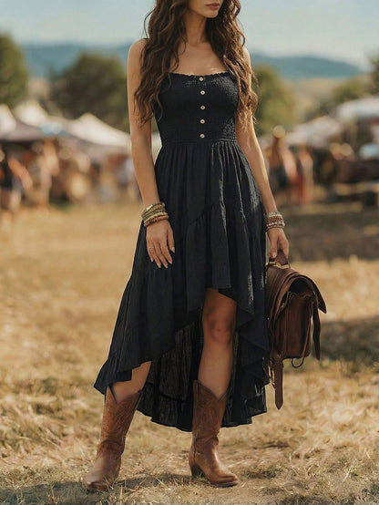 Holidaya Bohemian Style Casual Vacation Front Short Back Long Cinched Waist Women's Mid-Length Dress