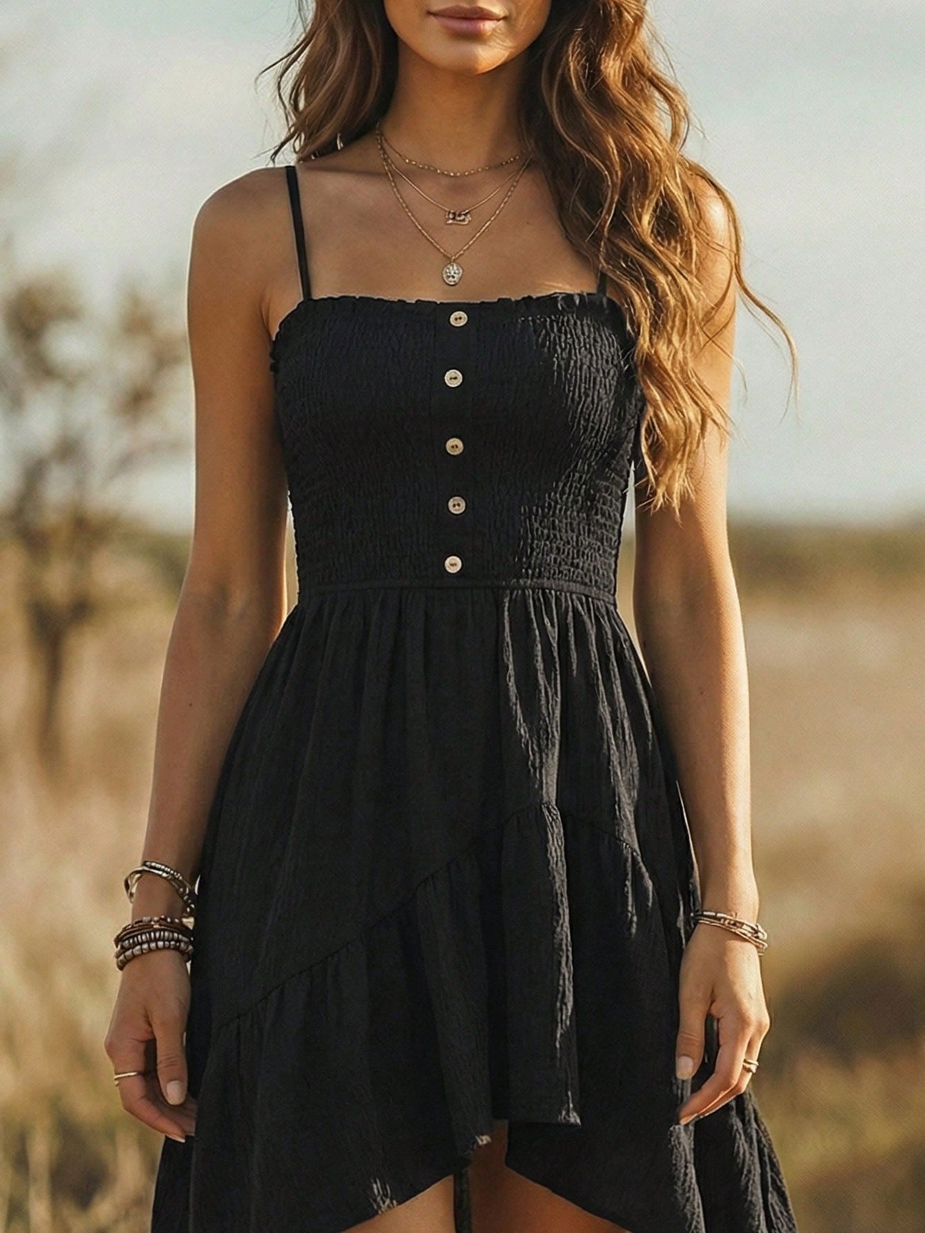 Holidaya Bohemian Style Casual Vacation Front Short Back Long Cinched Waist Women's Mid-Length Dress
