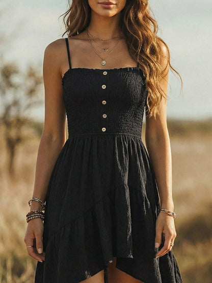 Holidaya Bohemian Style Casual Vacation Front Short Back Long Cinched Waist Women's Mid-Length Dress