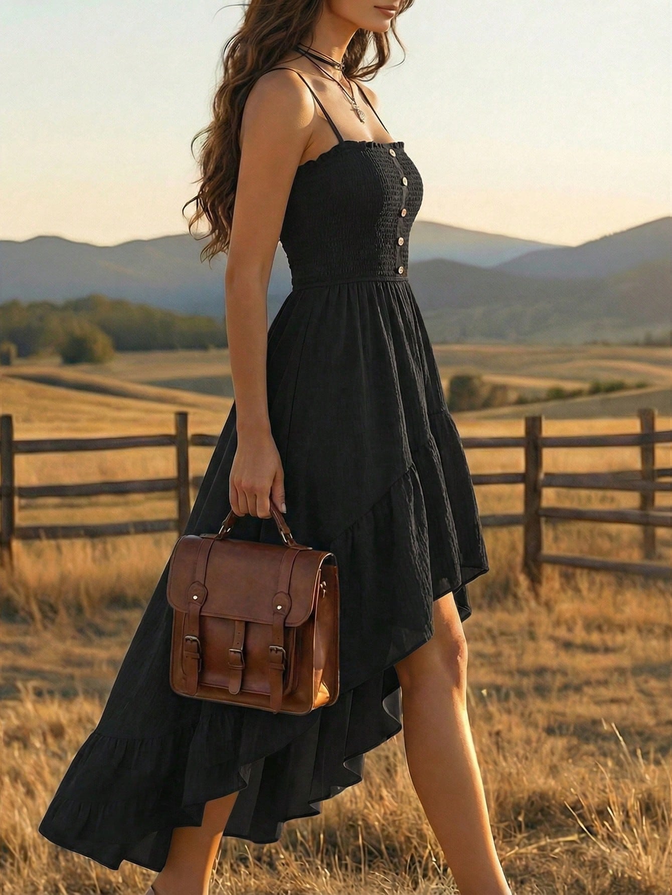 Holidaya Bohemian Style Casual Vacation Front Short Back Long Cinched Waist Women's Mid-Length Dress
