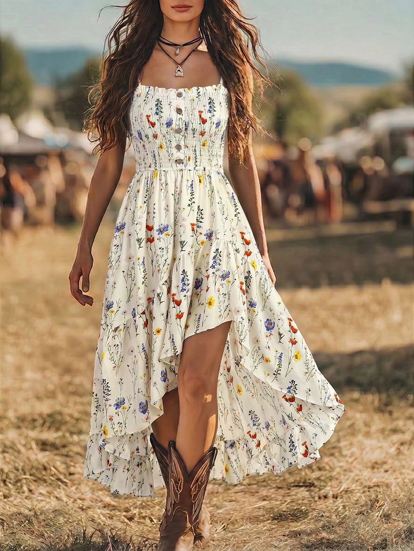 Holidaya Bohemian Style Casual Vacation Front Short Back Long Cinched Waist Women's Mid-Length Dress