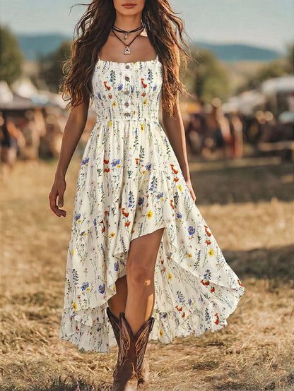 Holidaya Bohemian Style Casual Vacation Front Short Back Long Cinched Waist Women's Mid-Length Dress
