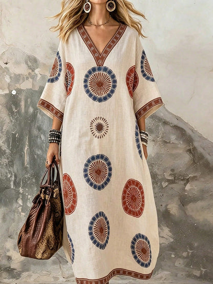 Holidaya Women's Beige Digital Print Boho Beach Vacation Dress,V-Neck Short/Half Sleeve Elegant Fashion Style For Summer,Autumn,Spring,Daily Wear, Al-Adha