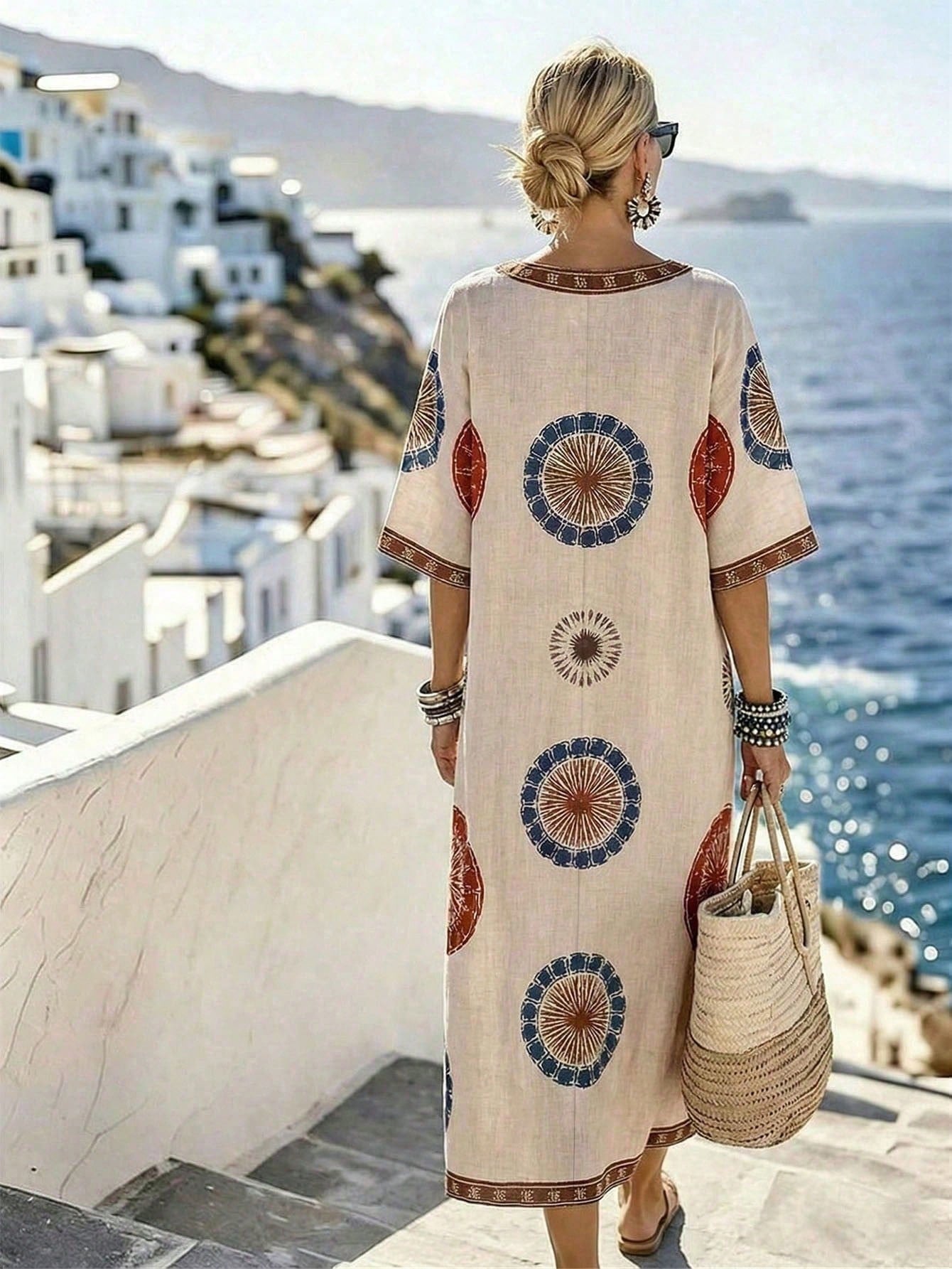 Holidaya Women's Beige Digital Print Boho Beach Vacation Dress,V-Neck Short/Half Sleeve Elegant Fashion Style For Summer,Autumn,Spring,Daily Wear, Al-Adha