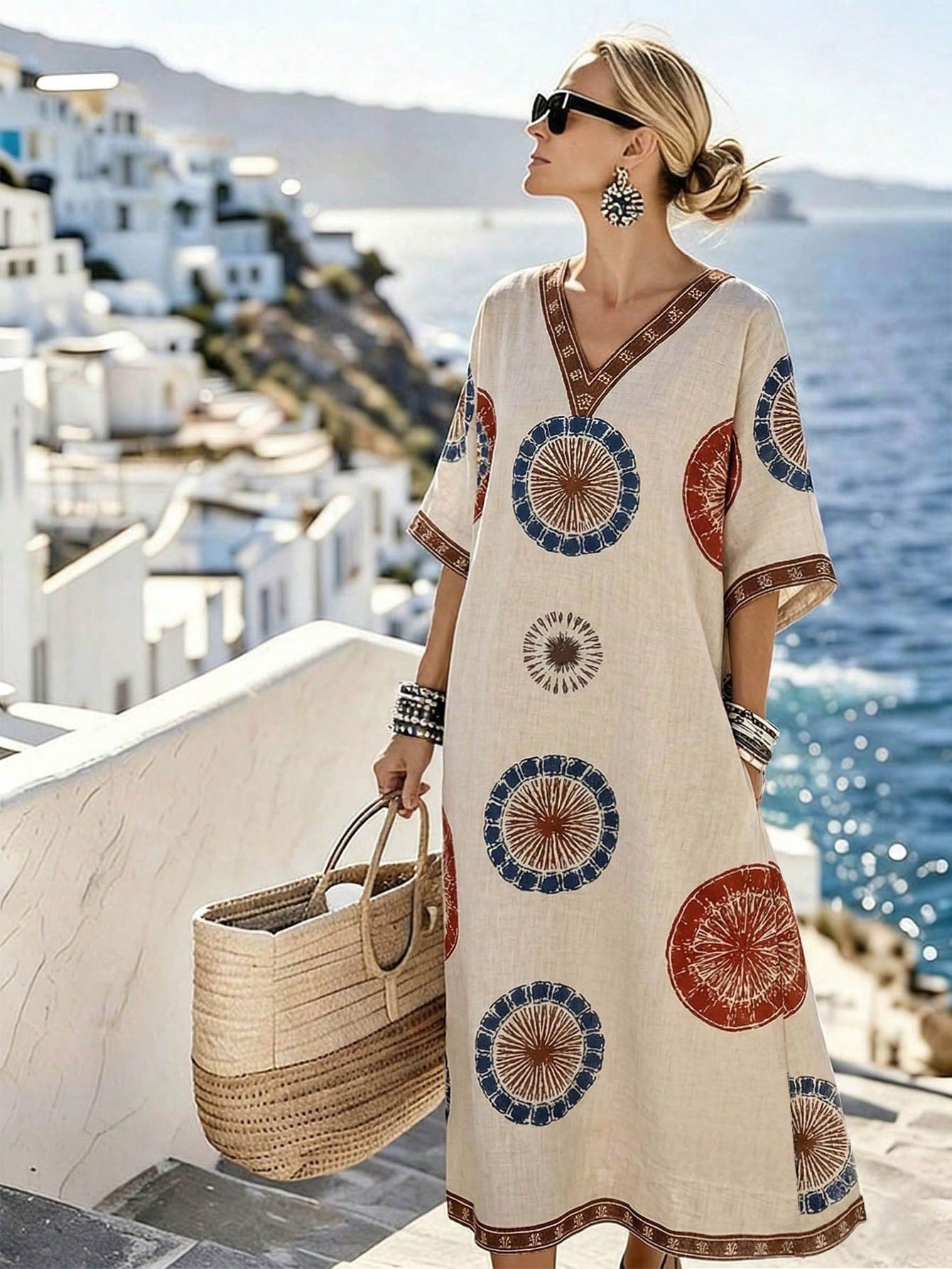 Holidaya Women's Beige Digital Print Boho Beach Vacation Dress,V-Neck Short/Half Sleeve Elegant Fashion Style For Summer,Autumn,Spring,Daily Wear, Al-Adha