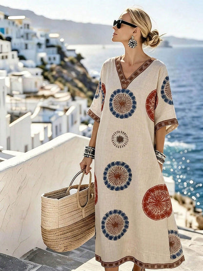 Holidaya Women's Beige Digital Print Boho Beach Vacation Dress,V-Neck Short/Half Sleeve Elegant Fashion Style For Summer,Autumn,Spring,Daily Wear, Al-Adha