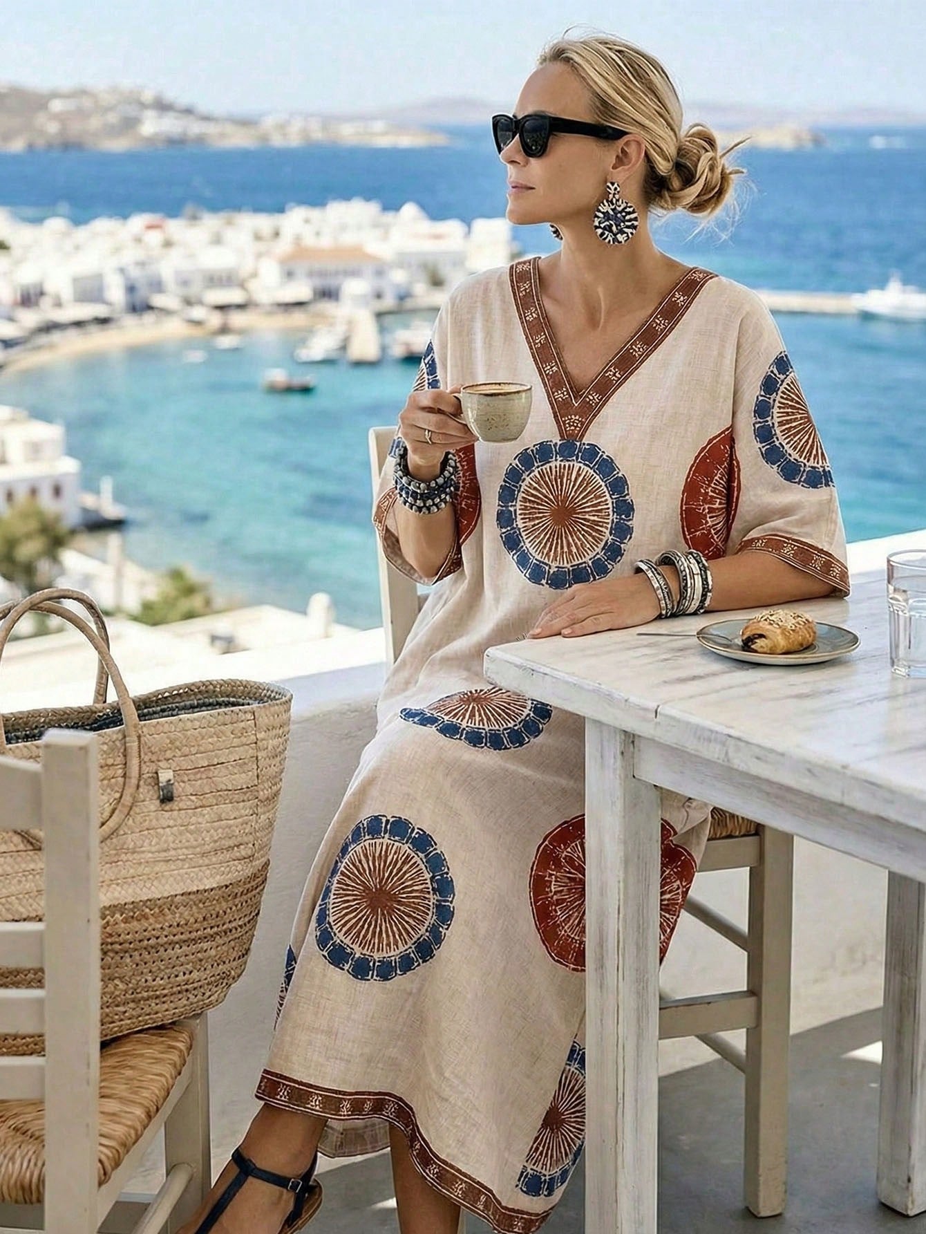 Holidaya Women's Beige Digital Print Boho Beach Vacation Dress,V-Neck Short/Half Sleeve Elegant Fashion Style For Summer,Autumn,Spring,Daily Wear, Al-Adha