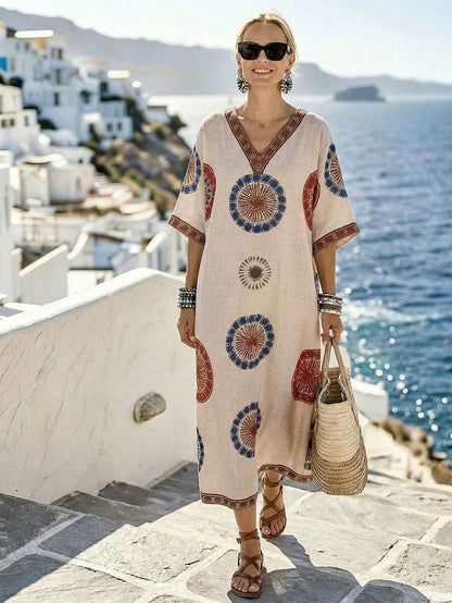 Holidaya Women's Beige Digital Print Boho Beach Vacation Dress,V-Neck Short/Half Sleeve Elegant Fashion Style For Summer,Autumn,Spring,Daily Wear, Al-Adha
