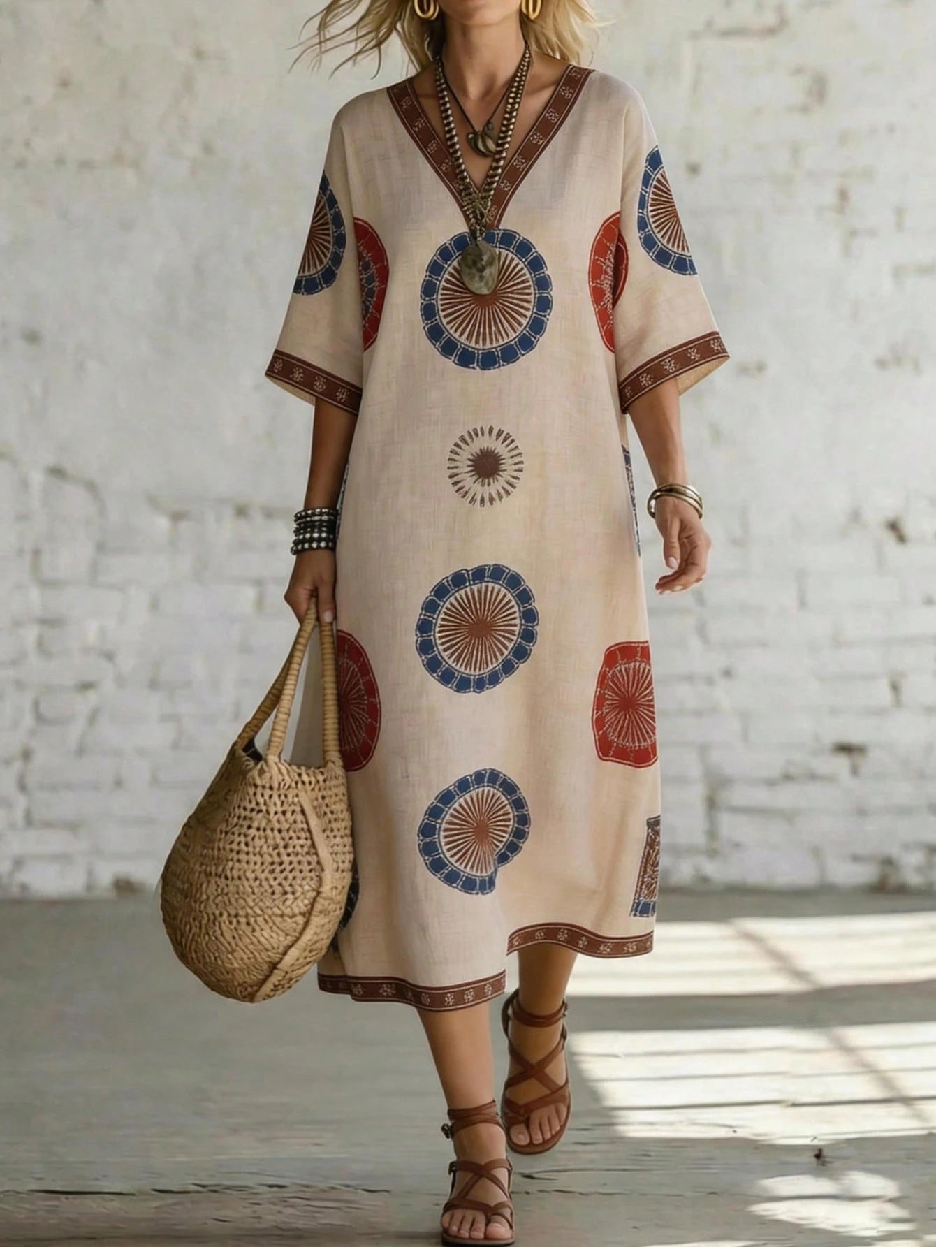 Holidaya Women's Beige Digital Print Boho Beach Vacation Dress,V-Neck Short/Half Sleeve Elegant Fashion Style For Summer,Autumn,Spring,Daily Wear, Al-Adha