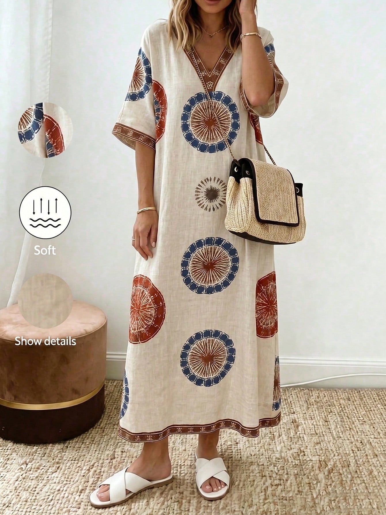 Holidaya Women's Beige Digital Print Boho Beach Vacation Dress,V-Neck Short/Half Sleeve Elegant Fashion Style For Summer,Autumn,Spring,Daily Wear, Al-Adha
