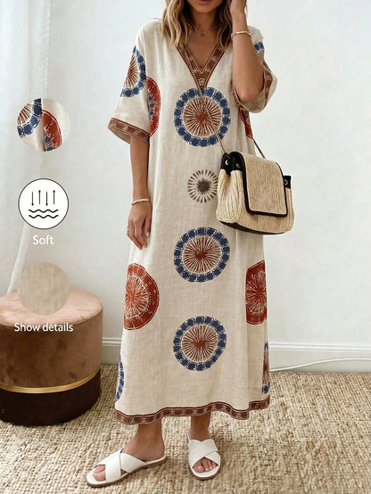 Holidaya Women's Beige Digital Print Boho Beach Vacation Dress,V-Neck Short/Half Sleeve Elegant Fashion Style For Summer,Autumn,Spring,Daily Wear, Al-Adha
