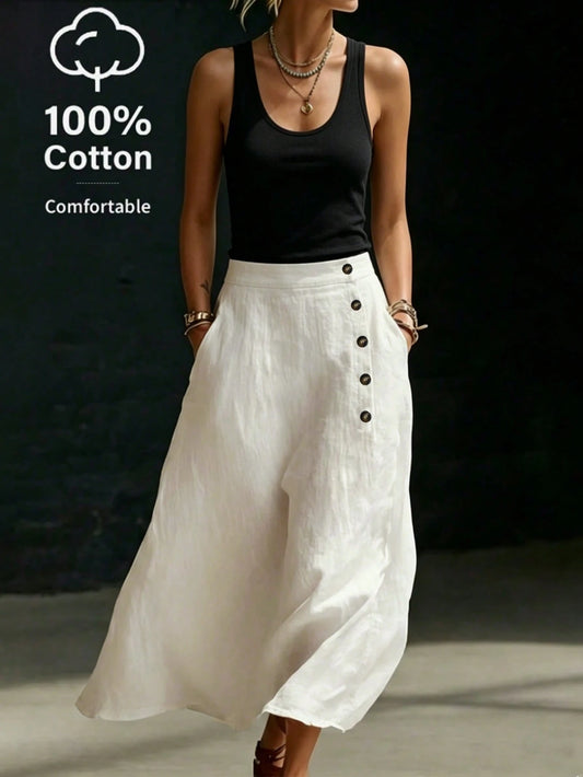 Holidaya Women's Summer Chic Classy White Linen A-Line Skirt,Casual Loose Relaxed Fit With Pockets,Side Button Decor,Asymmetric Hem Elegant Vacation Holiday
