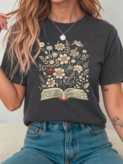 Howell Versatile Fashion Printed Short Sleeve T-Shirt, Women's Casual Charming Floral Pattern Round Neck Printed T-Shirt, Women's Top Summer Vacation