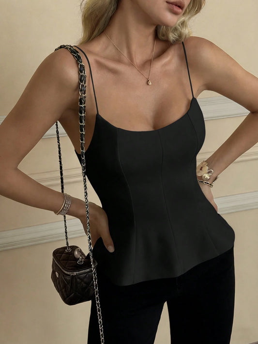 HUACAITA 2026 Spring New Black Y2K Camisole Top For Women, French Square Neck Fitted Ruffle Hem, Sexy Open Back Cropped Sleeveless Elegant Top Casual Summer